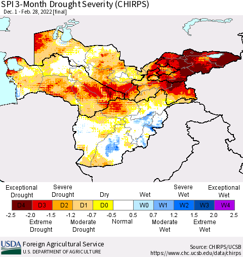 Central Asia SPI 3-Month Drought Severity (CHIRPS) Thematic Map For 12/1/2021 - 2/28/2022