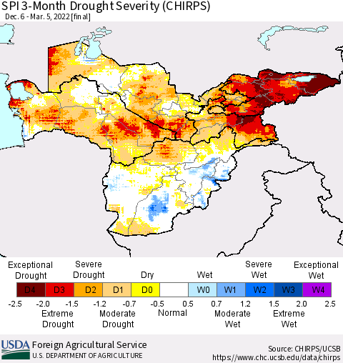 Central Asia SPI 3-Month Drought Severity (CHIRPS) Thematic Map For 12/6/2021 - 3/5/2022