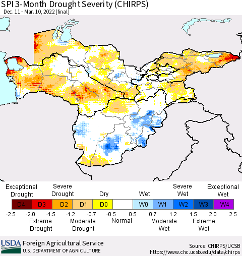 Central Asia SPI 3-Month Drought Severity (CHIRPS) Thematic Map For 12/11/2021 - 3/10/2022