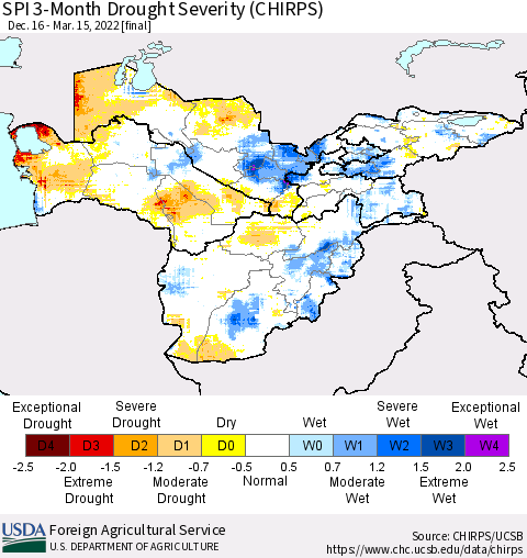 Central Asia SPI 3-Month Drought Severity (CHIRPS) Thematic Map For 12/16/2021 - 3/15/2022