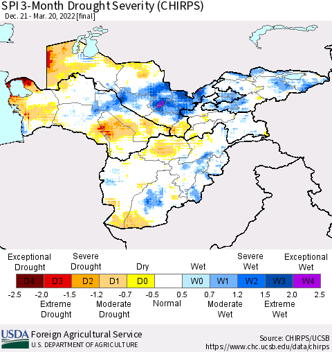 Central Asia SPI 3-Month Drought Severity (CHIRPS) Thematic Map For 12/21/2021 - 3/20/2022