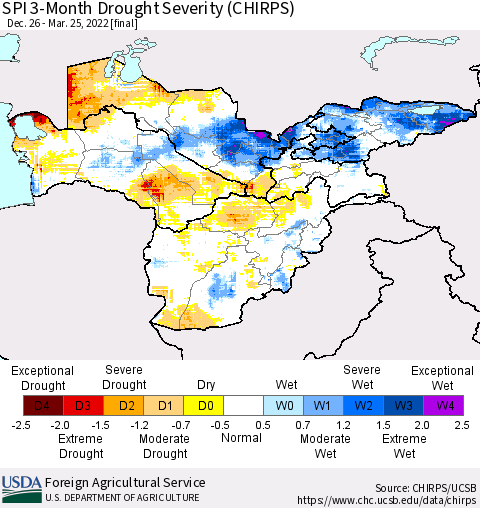 Central Asia SPI 3-Month Drought Severity (CHIRPS) Thematic Map For 12/26/2021 - 3/25/2022