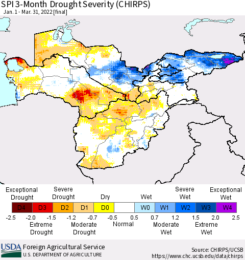 Central Asia SPI 3-Month Drought Severity (CHIRPS) Thematic Map For 1/1/2022 - 3/31/2022