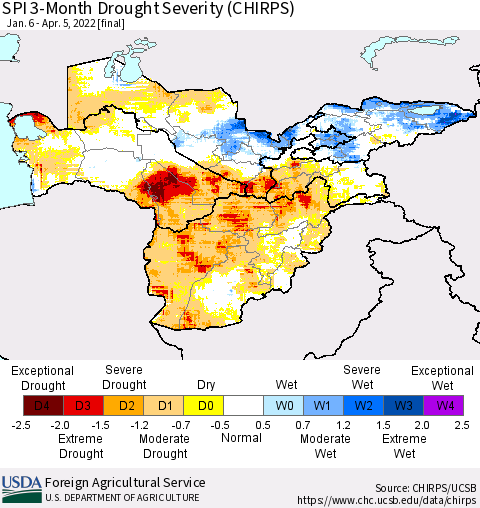 Central Asia SPI 3-Month Drought Severity (CHIRPS) Thematic Map For 1/6/2022 - 4/5/2022