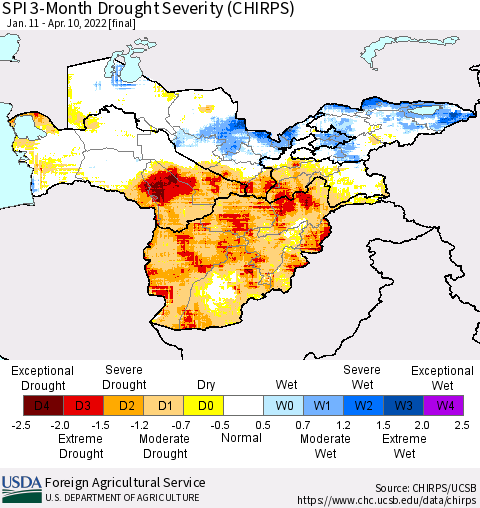 Central Asia SPI 3-Month Drought Severity (CHIRPS) Thematic Map For 1/11/2022 - 4/10/2022