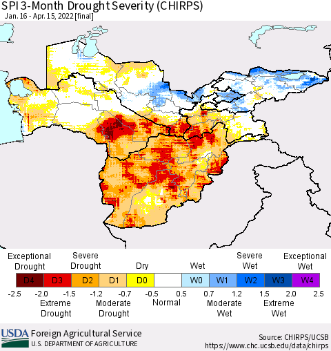 Central Asia SPI 3-Month Drought Severity (CHIRPS) Thematic Map For 1/16/2022 - 4/15/2022