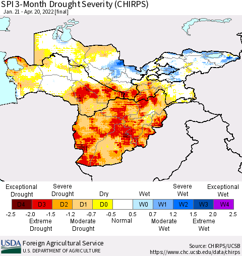 Central Asia SPI 3-Month Drought Severity (CHIRPS) Thematic Map For 1/21/2022 - 4/20/2022