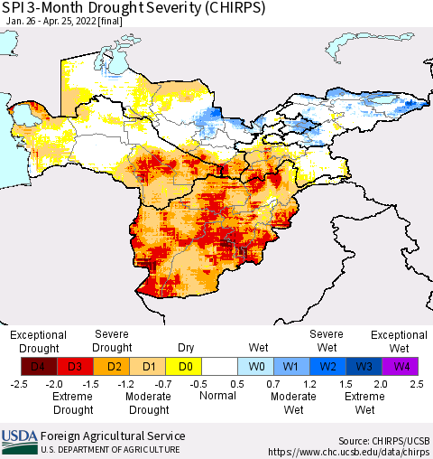 Central Asia SPI 3-Month Drought Severity (CHIRPS) Thematic Map For 1/26/2022 - 4/25/2022