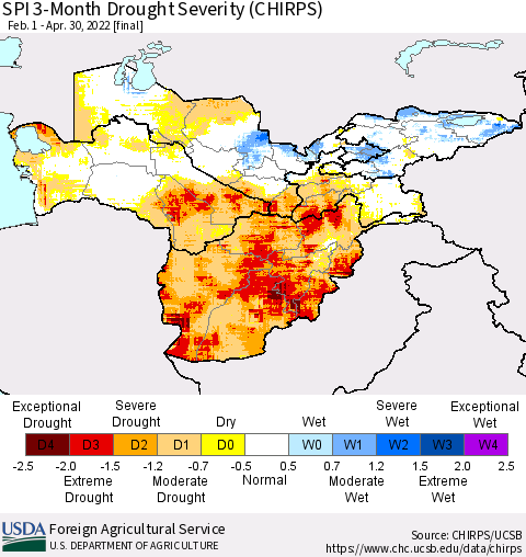 Central Asia SPI 3-Month Drought Severity (CHIRPS) Thematic Map For 2/1/2022 - 4/30/2022