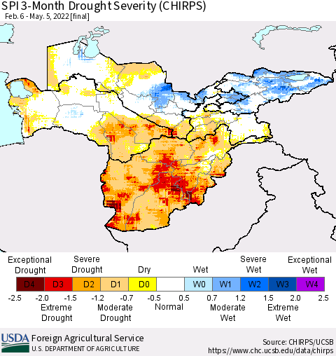 Central Asia SPI 3-Month Drought Severity (CHIRPS) Thematic Map For 2/6/2022 - 5/5/2022