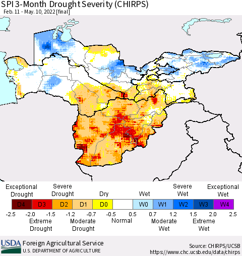Central Asia SPI 3-Month Drought Severity (CHIRPS) Thematic Map For 2/11/2022 - 5/10/2022