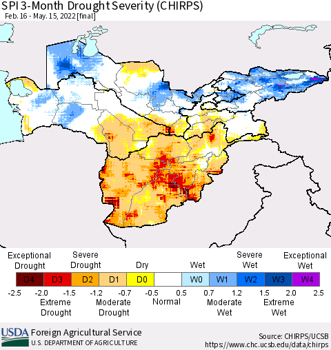 Central Asia SPI 3-Month Drought Severity (CHIRPS) Thematic Map For 2/16/2022 - 5/15/2022