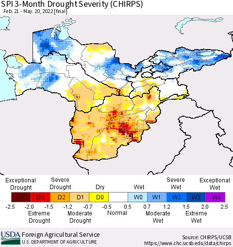 Central Asia SPI 3-Month Drought Severity (CHIRPS) Thematic Map For 2/21/2022 - 5/20/2022