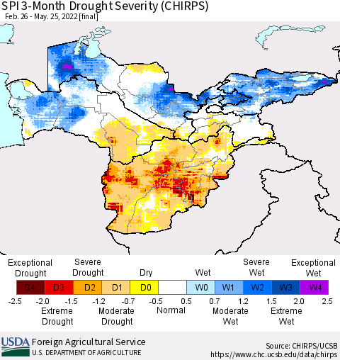 Central Asia SPI 3-Month Drought Severity (CHIRPS) Thematic Map For 2/26/2022 - 5/25/2022