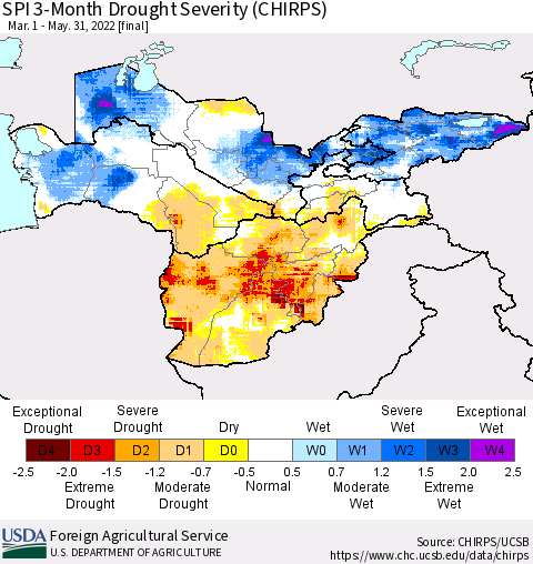 Central Asia SPI 3-Month Drought Severity (CHIRPS) Thematic Map For 3/1/2022 - 5/31/2022