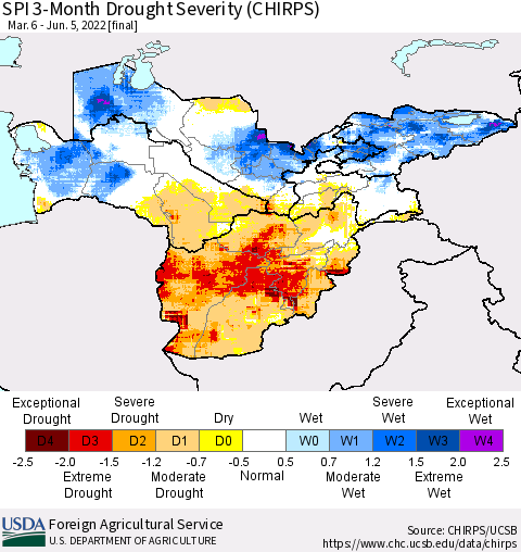 Central Asia SPI 3-Month Drought Severity (CHIRPS) Thematic Map For 3/6/2022 - 6/5/2022