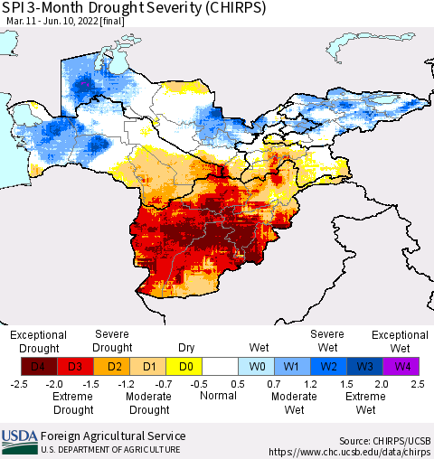 Central Asia SPI 3-Month Drought Severity (CHIRPS) Thematic Map For 3/11/2022 - 6/10/2022