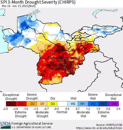 Central Asia SPI 3-Month Drought Severity (CHIRPS) Thematic Map For 3/16/2022 - 6/15/2022