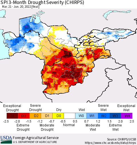Central Asia SPI 3-Month Drought Severity (CHIRPS) Thematic Map For 3/21/2022 - 6/20/2022