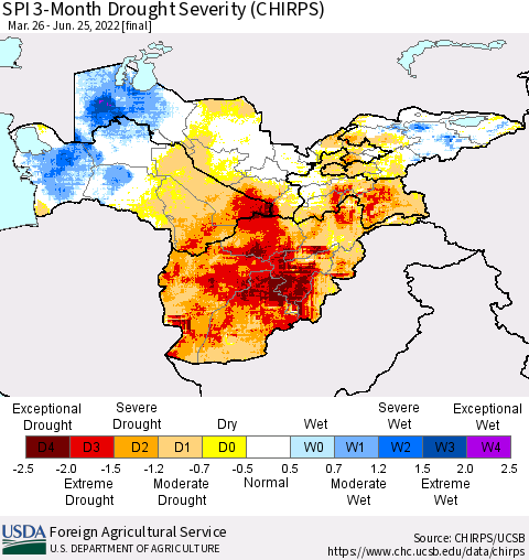 Central Asia SPI 3-Month Drought Severity (CHIRPS) Thematic Map For 3/26/2022 - 6/25/2022