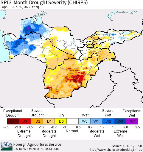 Central Asia SPI 3-Month Drought Severity (CHIRPS) Thematic Map For 4/1/2022 - 6/30/2022