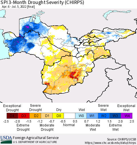 Central Asia SPI 3-Month Drought Severity (CHIRPS) Thematic Map For 4/6/2022 - 7/5/2022