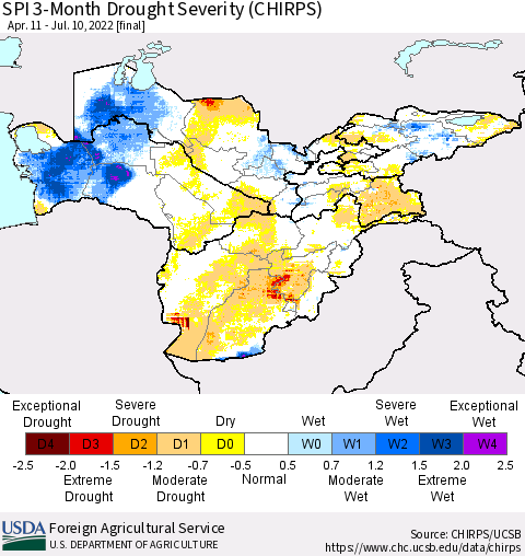 Central Asia SPI 3-Month Drought Severity (CHIRPS) Thematic Map For 4/11/2022 - 7/10/2022