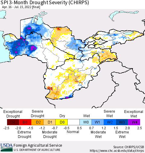 Central Asia SPI 3-Month Drought Severity (CHIRPS) Thematic Map For 4/16/2022 - 7/15/2022