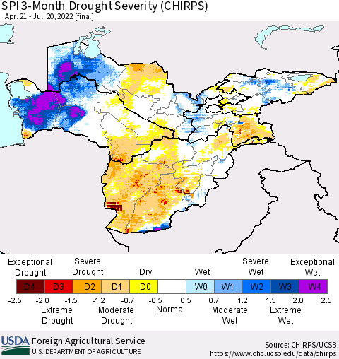 Central Asia SPI 3-Month Drought Severity (CHIRPS) Thematic Map For 4/21/2022 - 7/20/2022