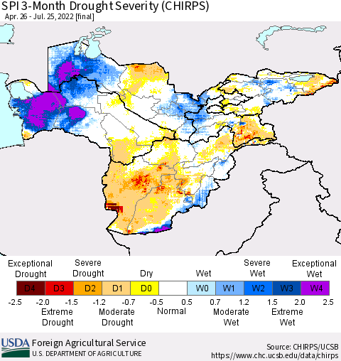 Central Asia SPI 3-Month Drought Severity (CHIRPS) Thematic Map For 4/26/2022 - 7/25/2022