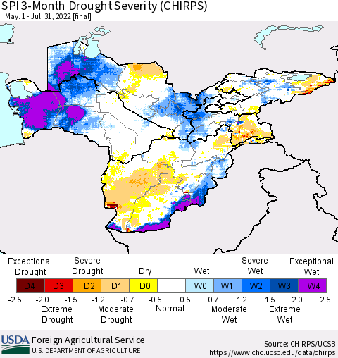 Central Asia SPI 3-Month Drought Severity (CHIRPS) Thematic Map For 5/1/2022 - 7/31/2022