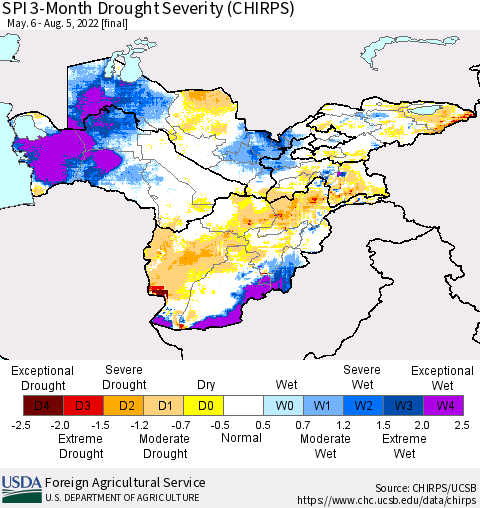 Central Asia SPI 3-Month Drought Severity (CHIRPS) Thematic Map For 5/6/2022 - 8/5/2022