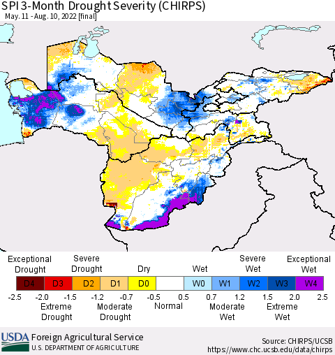 Central Asia SPI 3-Month Drought Severity (CHIRPS) Thematic Map For 5/11/2022 - 8/10/2022