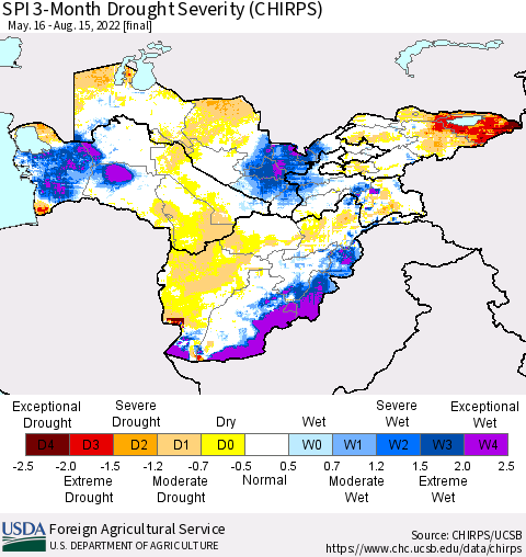 Central Asia SPI 3-Month Drought Severity (CHIRPS) Thematic Map For 5/16/2022 - 8/15/2022