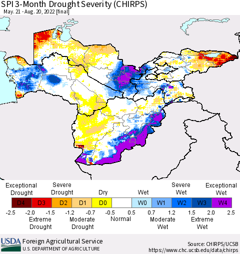 Central Asia SPI 3-Month Drought Severity (CHIRPS) Thematic Map For 5/21/2022 - 8/20/2022