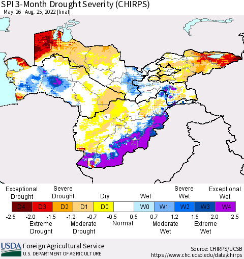 Central Asia SPI 3-Month Drought Severity (CHIRPS) Thematic Map For 5/26/2022 - 8/25/2022