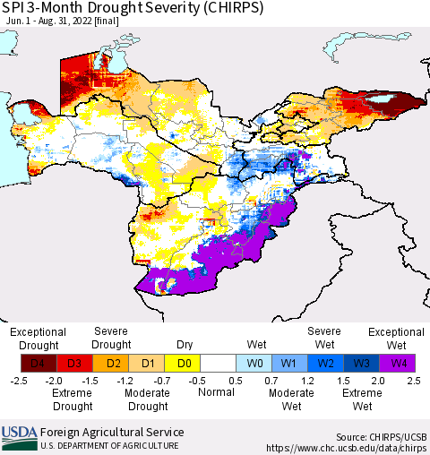 Central Asia SPI 3-Month Drought Severity (CHIRPS) Thematic Map For 6/1/2022 - 8/31/2022