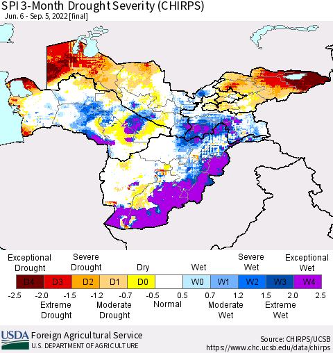 Central Asia SPI 3-Month Drought Severity (CHIRPS) Thematic Map For 6/6/2022 - 9/5/2022