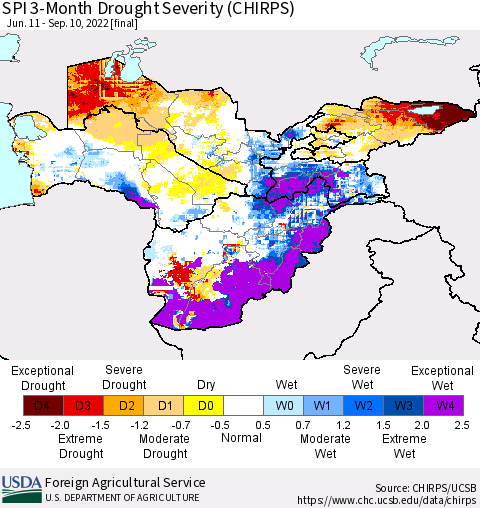 Central Asia SPI 3-Month Drought Severity (CHIRPS) Thematic Map For 6/11/2022 - 9/10/2022