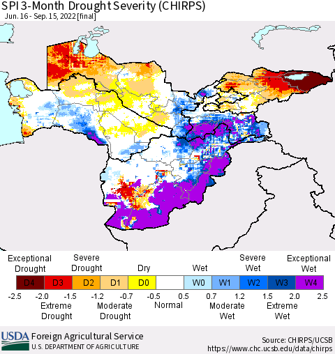 Central Asia SPI 3-Month Drought Severity (CHIRPS) Thematic Map For 6/16/2022 - 9/15/2022