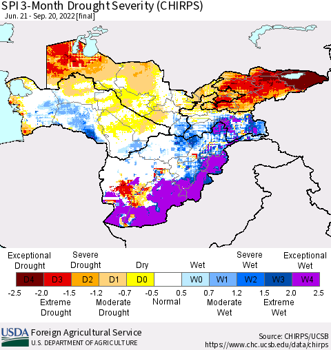 Central Asia SPI 3-Month Drought Severity (CHIRPS) Thematic Map For 6/21/2022 - 9/20/2022
