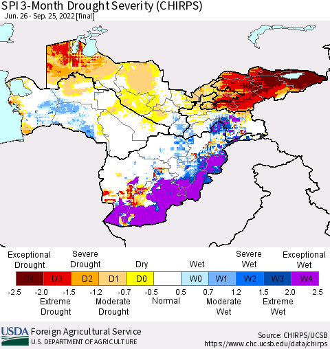 Central Asia SPI 3-Month Drought Severity (CHIRPS) Thematic Map For 6/26/2022 - 9/25/2022
