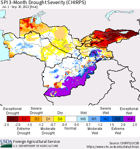 Central Asia SPI 3-Month Drought Severity (CHIRPS) Thematic Map For 7/1/2022 - 9/30/2022