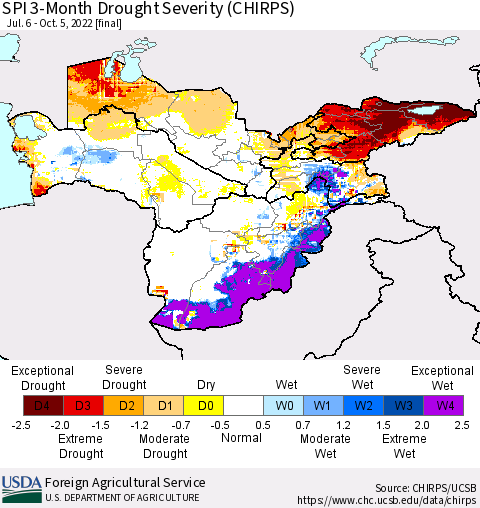 Central Asia SPI 3-Month Drought Severity (CHIRPS) Thematic Map For 7/6/2022 - 10/5/2022