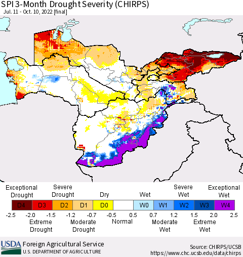 Central Asia SPI 3-Month Drought Severity (CHIRPS) Thematic Map For 7/11/2022 - 10/10/2022