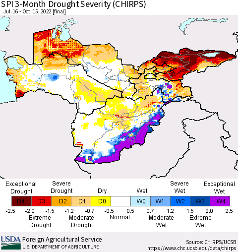 Central Asia SPI 3-Month Drought Severity (CHIRPS) Thematic Map For 7/16/2022 - 10/15/2022