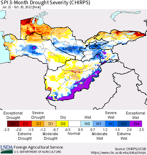 Central Asia SPI 3-Month Drought Severity (CHIRPS) Thematic Map For 7/21/2022 - 10/20/2022