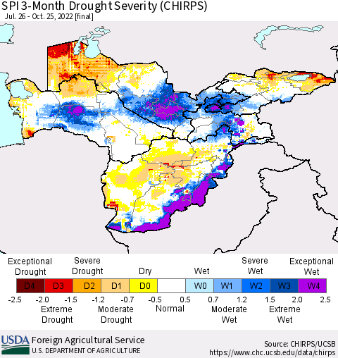 Central Asia SPI 3-Month Drought Severity (CHIRPS) Thematic Map For 7/26/2022 - 10/25/2022