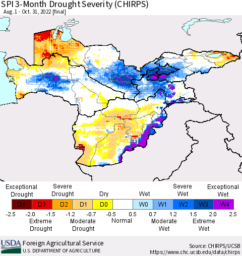 Central Asia SPI 3-Month Drought Severity (CHIRPS) Thematic Map For 8/1/2022 - 10/31/2022