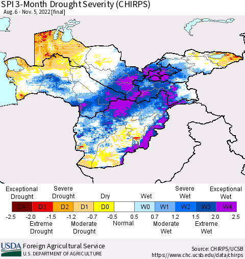 Central Asia SPI 3-Month Drought Severity (CHIRPS) Thematic Map For 8/6/2022 - 11/5/2022